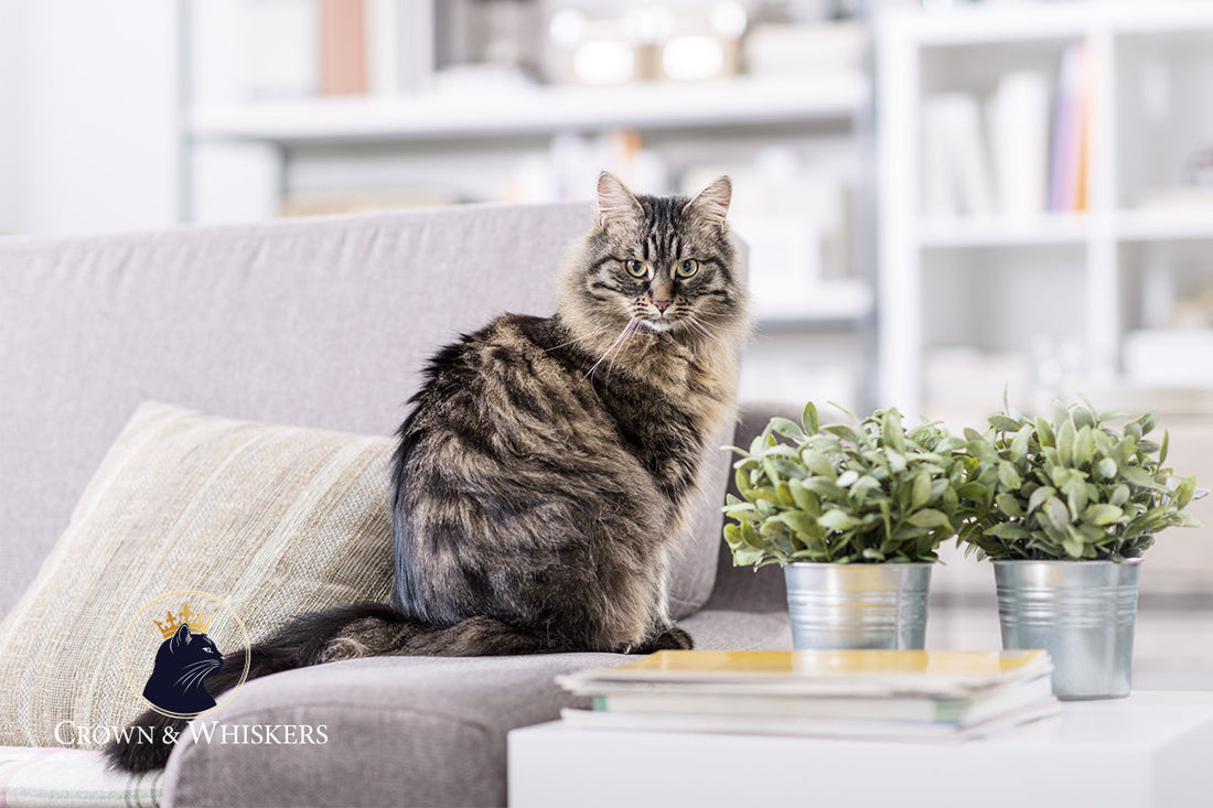 Long-haired tabby cat sitting on a light sofa beside two potted plants, with Crown & Whiskers logo in the lower left corner.