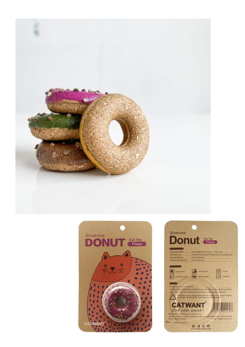Cat toys shaped like donuts with colorful tops and packaging on a white background