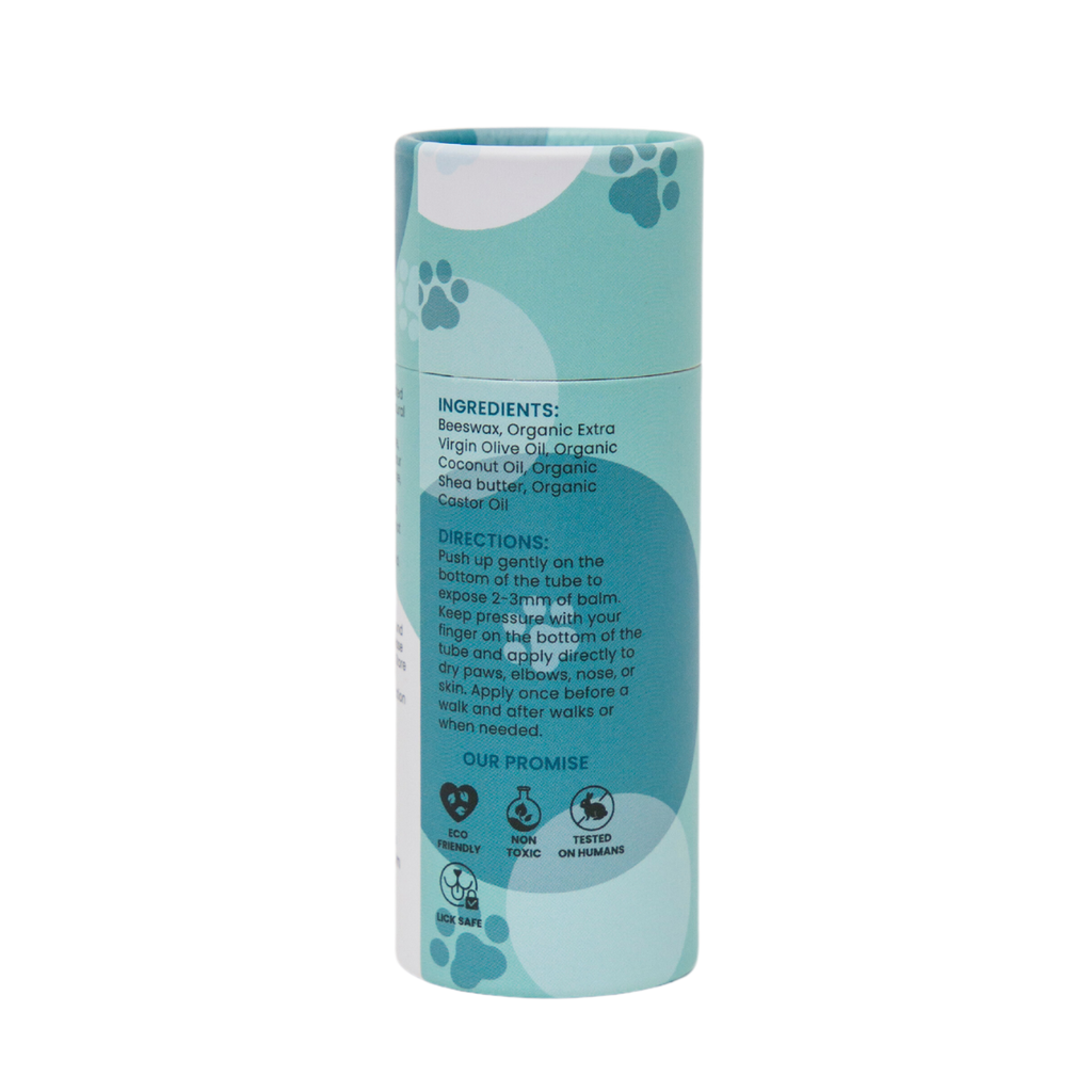 Blue cylindrical container with paw prints on a white background