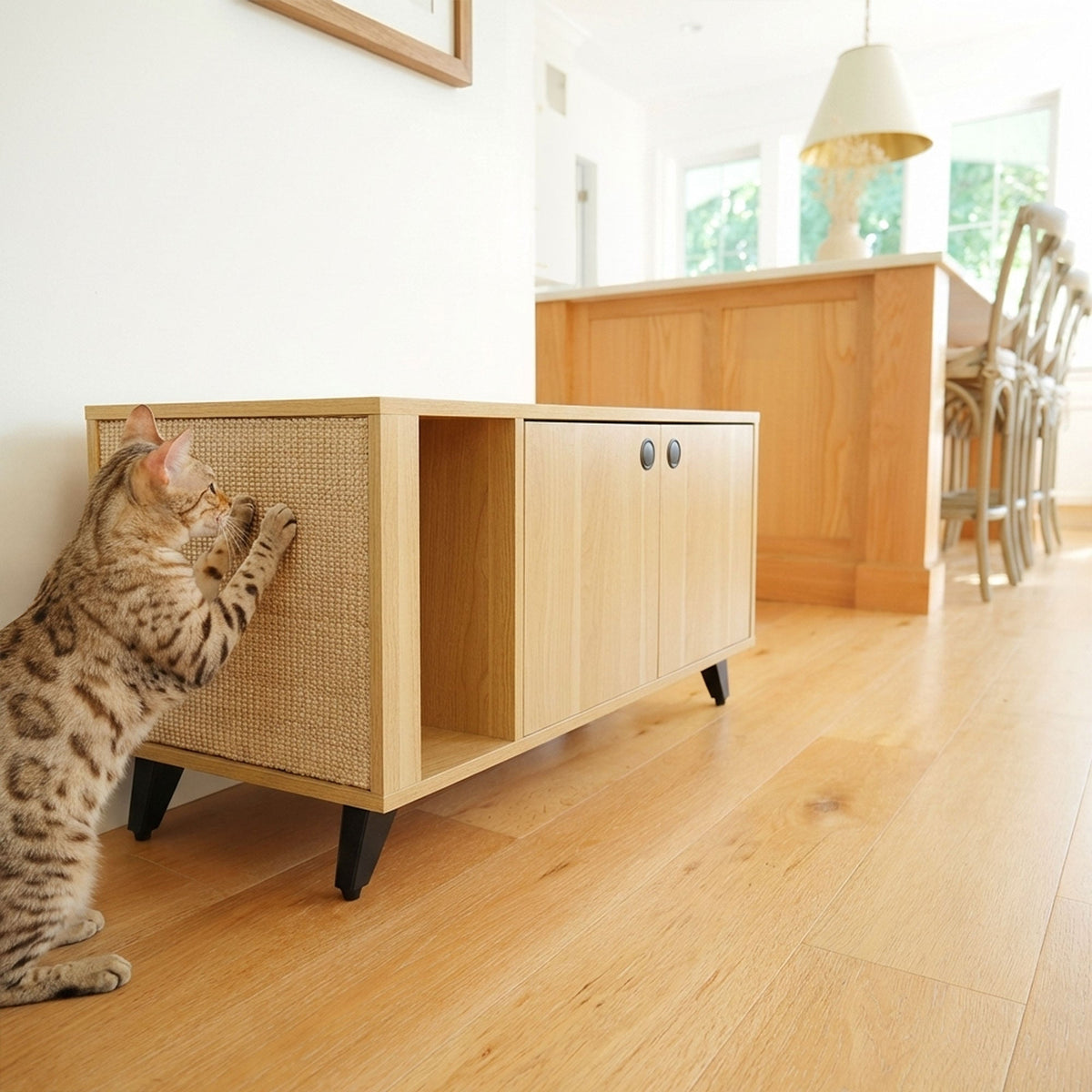 Cat interacting with a wooden cabinet in a modern living room.