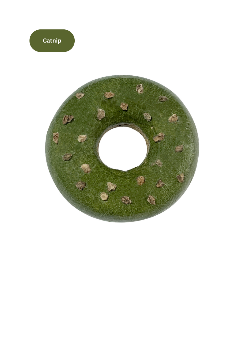 Green catnip donut toy on a white background