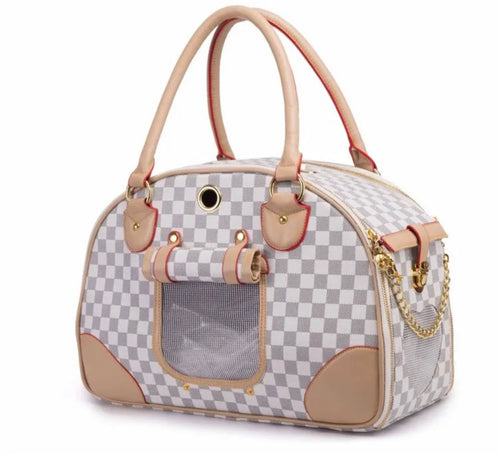 Pet carrier with checkered pattern and beige accents on a white background
