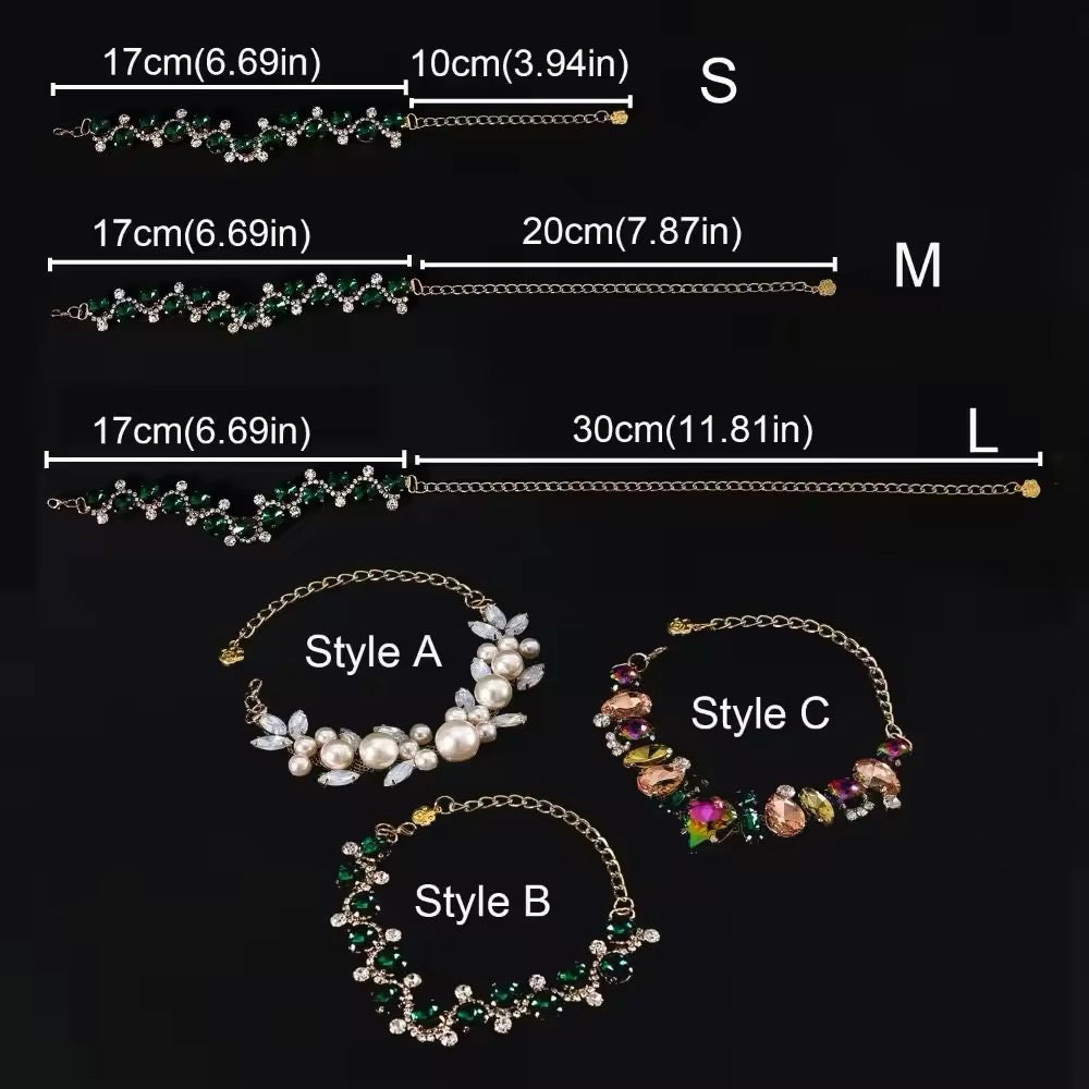 Bracelet styles A, B, and C with measurements on a black background