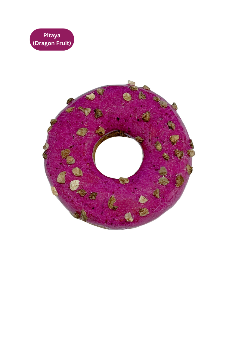 Donut-shaped pitaya (dragon fruit) on a white background with 'Pitaya (Dragon Fruit)' label.