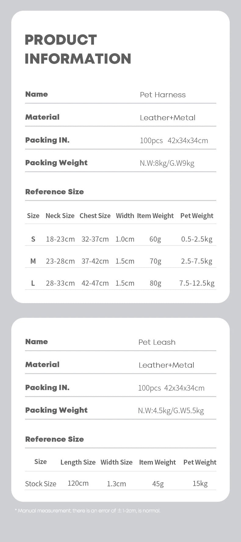 Product information card for pet harnesses and leashes with material, size, and weight details.