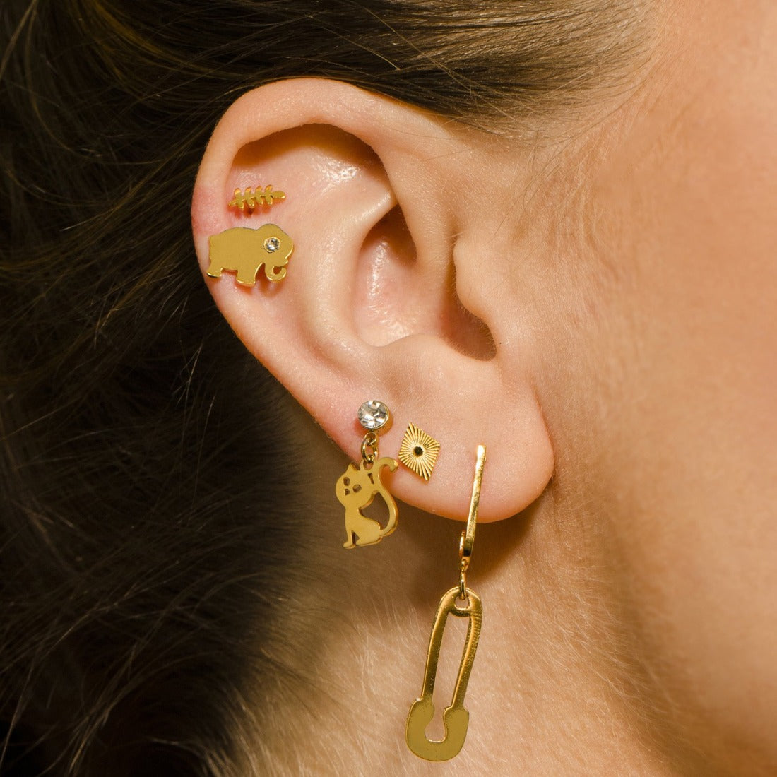 Crown & Whiskers Kitty Gold Cat Earrings – CZ Crystal Cat Lover Stud Earrings