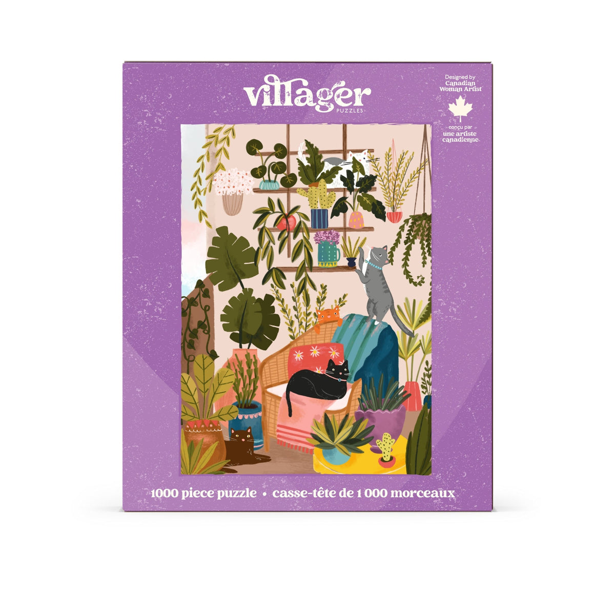 Villager 1000 piece puzzle packaging with a colorful illustration of cats and plants on a white background.