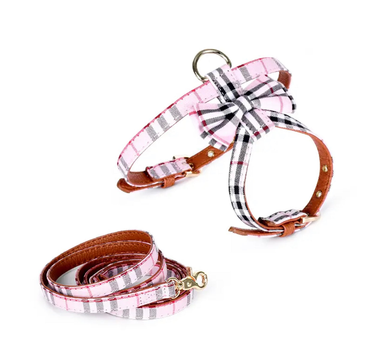 Plaid pet harness and leash set for cats and small dogs