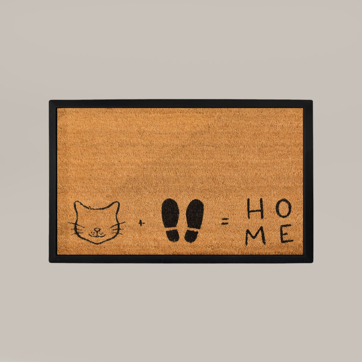 Doormat with a cat face, footprints, and 'HOME' text on a beige background