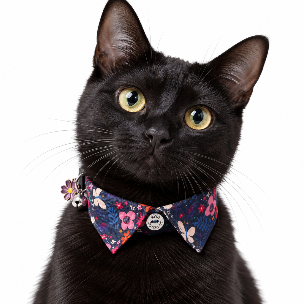 A black cat wearing a decorative floral bow tie collar with a silver bell, photographed against a clean white background.