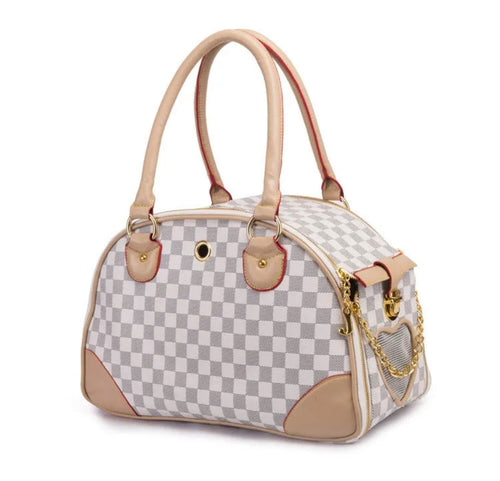 Checkered handbag with beige accents on a white background