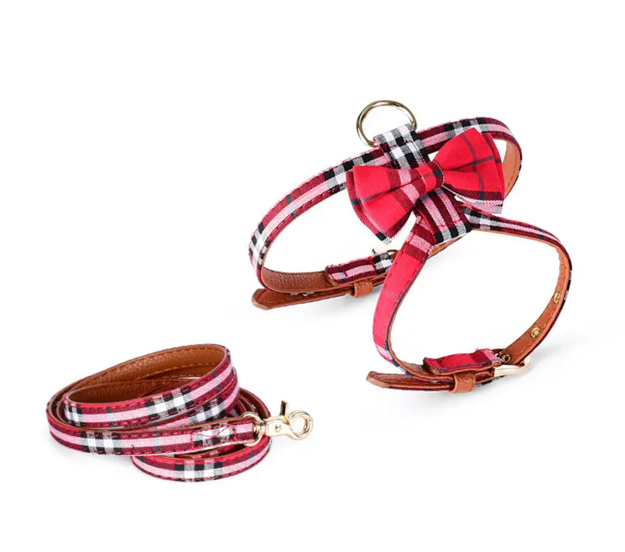 Plaid pet harness and leash set for cats and small dogs
