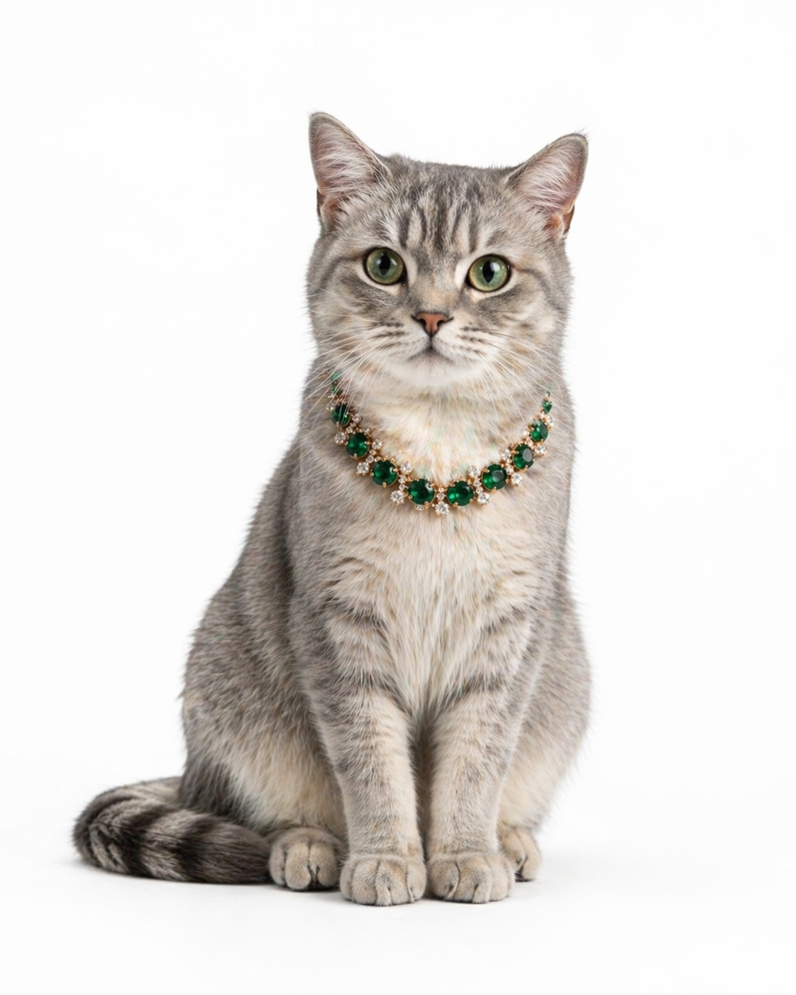 Cat wearing a green gemstone necklace on a white background