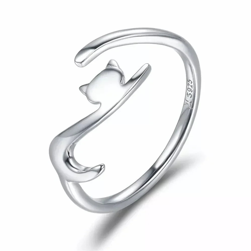 Crown & Whiskers Cat Tail Sterling Silver Ring – Adjustable Minimal Cat Lover Jewelry (925 Silver)