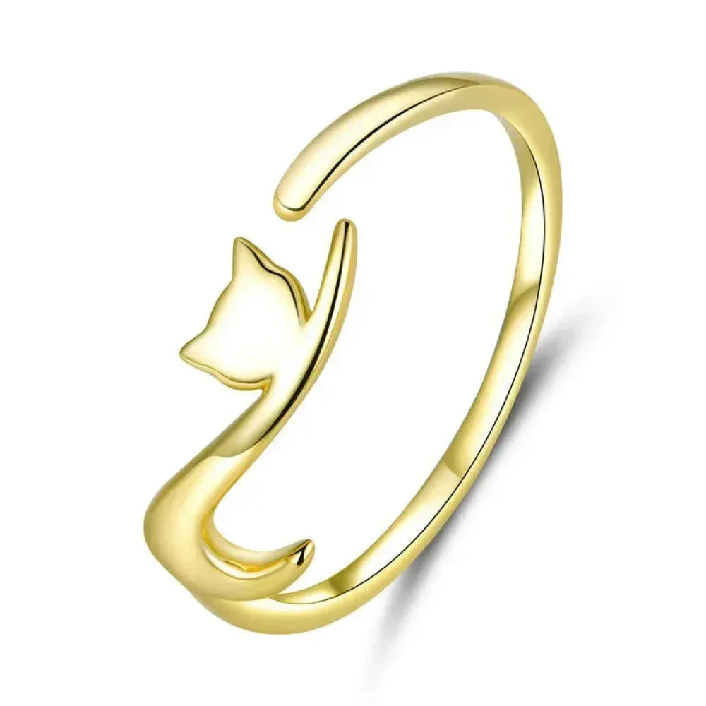 Crown & Whiskers Cat Tail Sterling Silver Ring – Adjustable Minimal Cat Lover Jewelry (925 Silver)