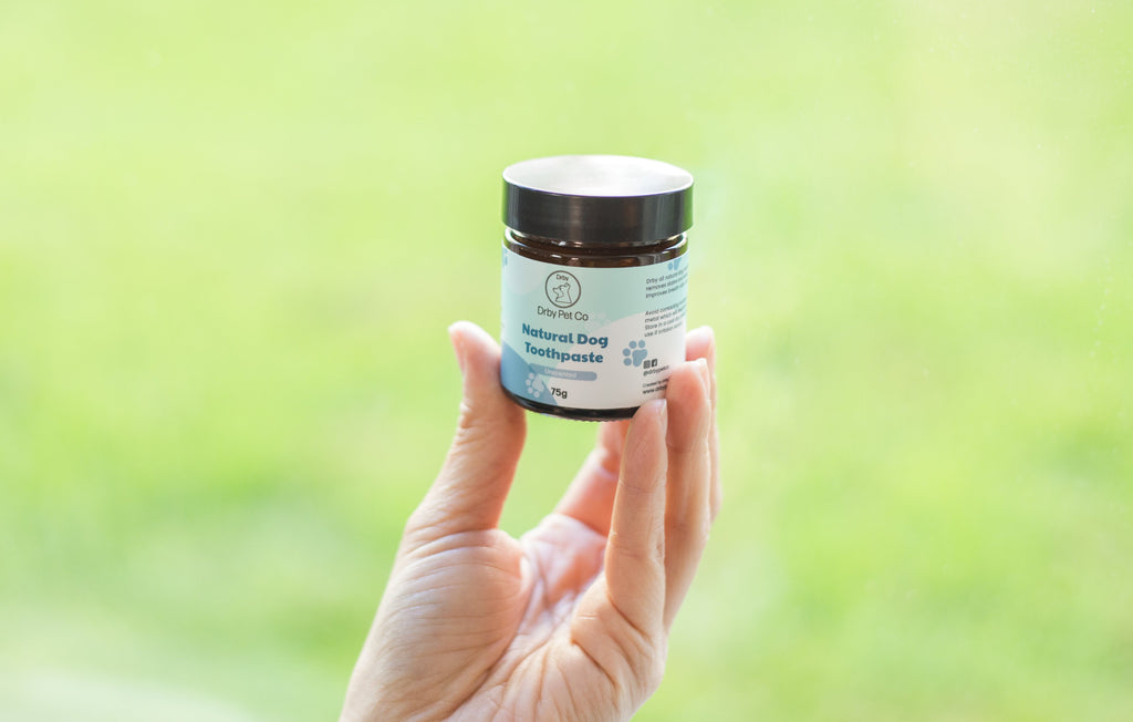 Hand holding a jar of 'Natural Dog Bathwax' with a green blurred background