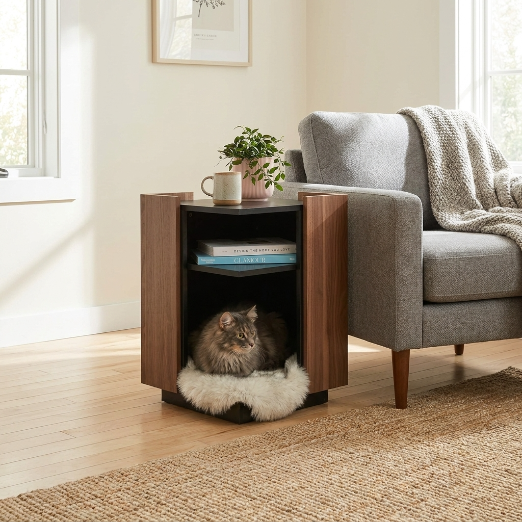 Cat sitting inside a wooden pet bed with a bookshelf in a living room.