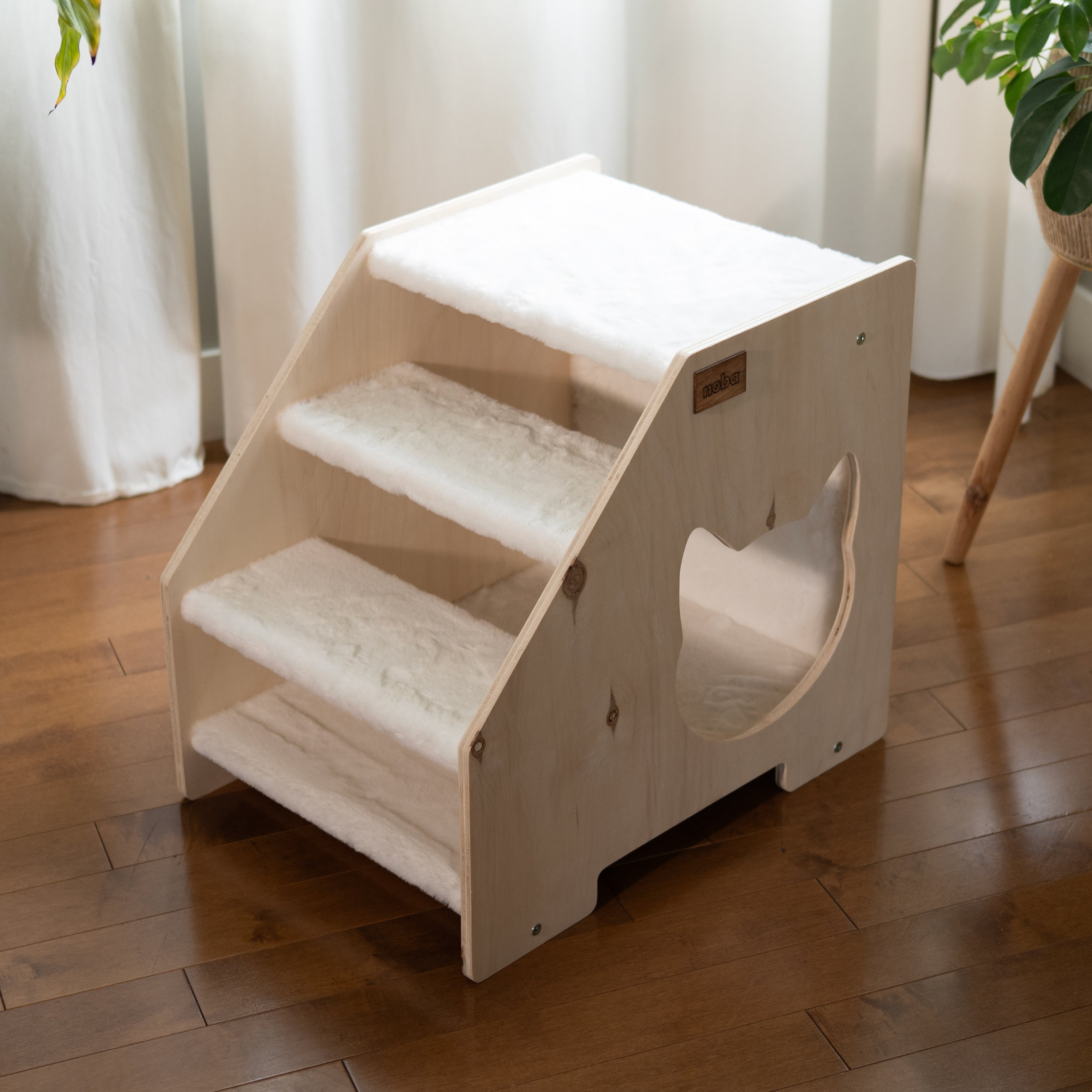 Wooden cat stairs with enclosed hideaway for indoor cats