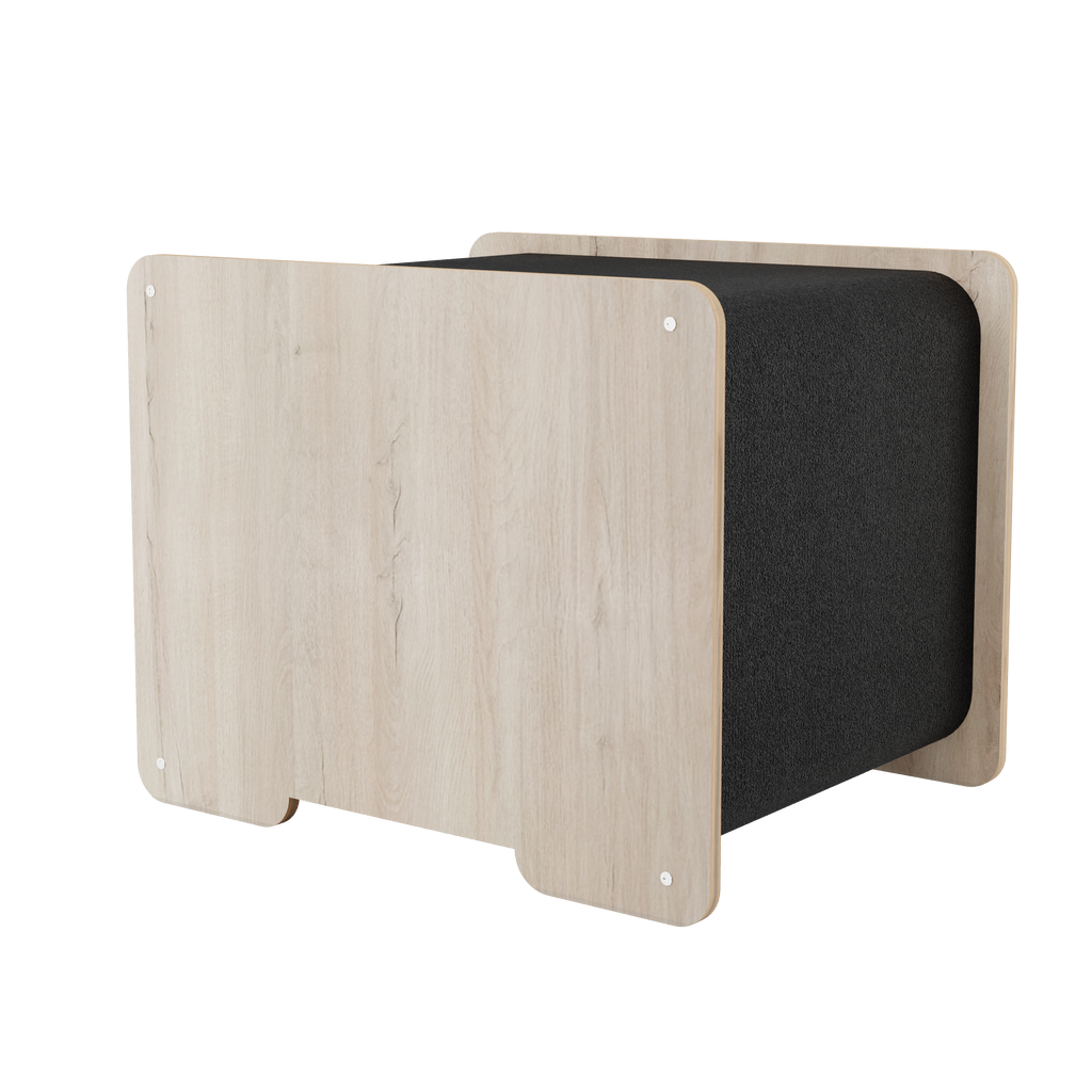 Wooden shelf with black interior on a white background