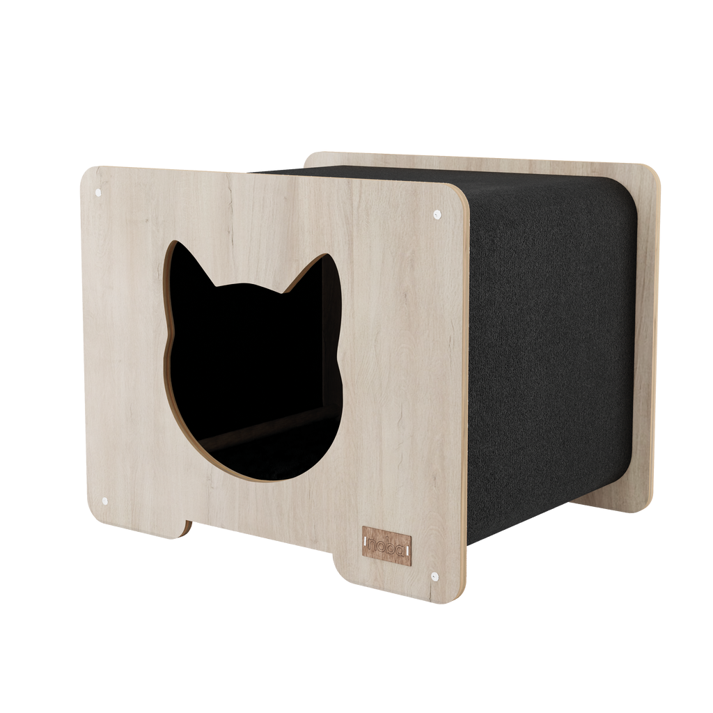 Wooden cat house with black interior on a white background