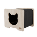 Wooden cat house with black interior on a white background