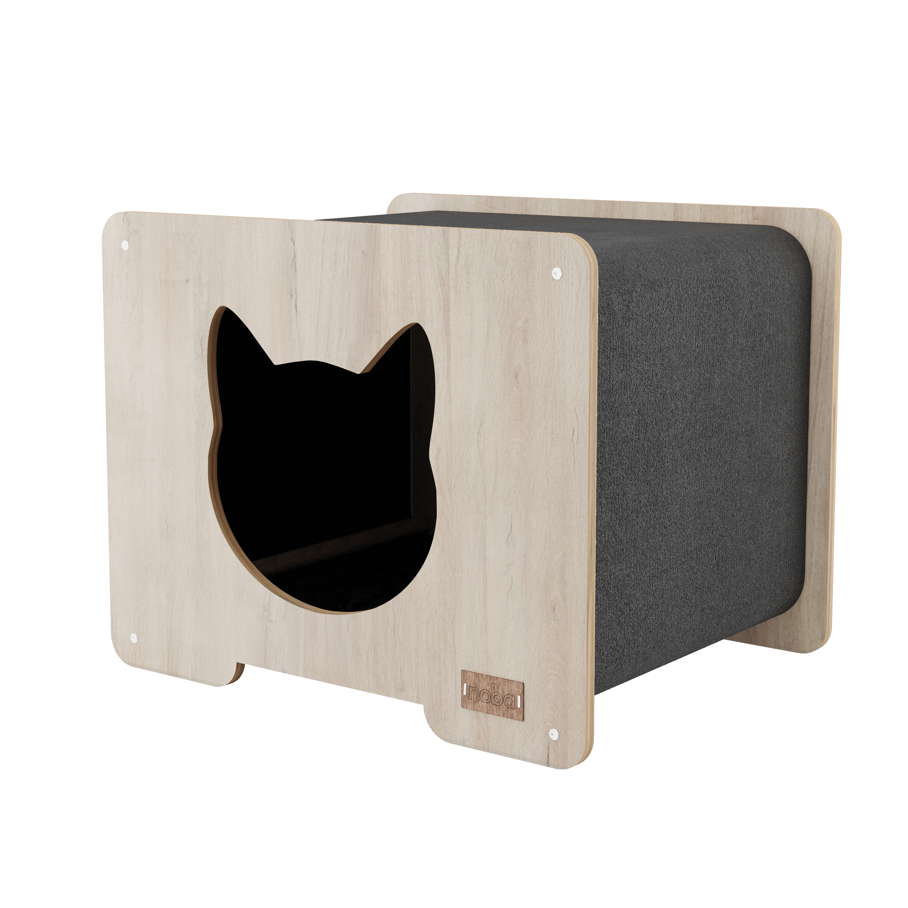 Wall-mounted cat house with a black silhouette of a cat on a white background