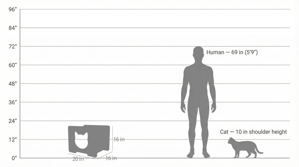 Diagram comparing the height of a human, a cat, and a box on a white background