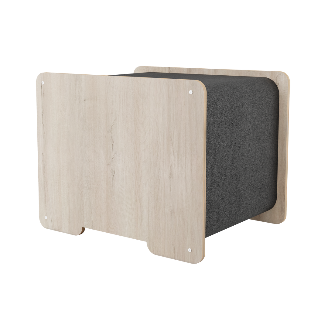 Wooden shelf with black interior on a white background