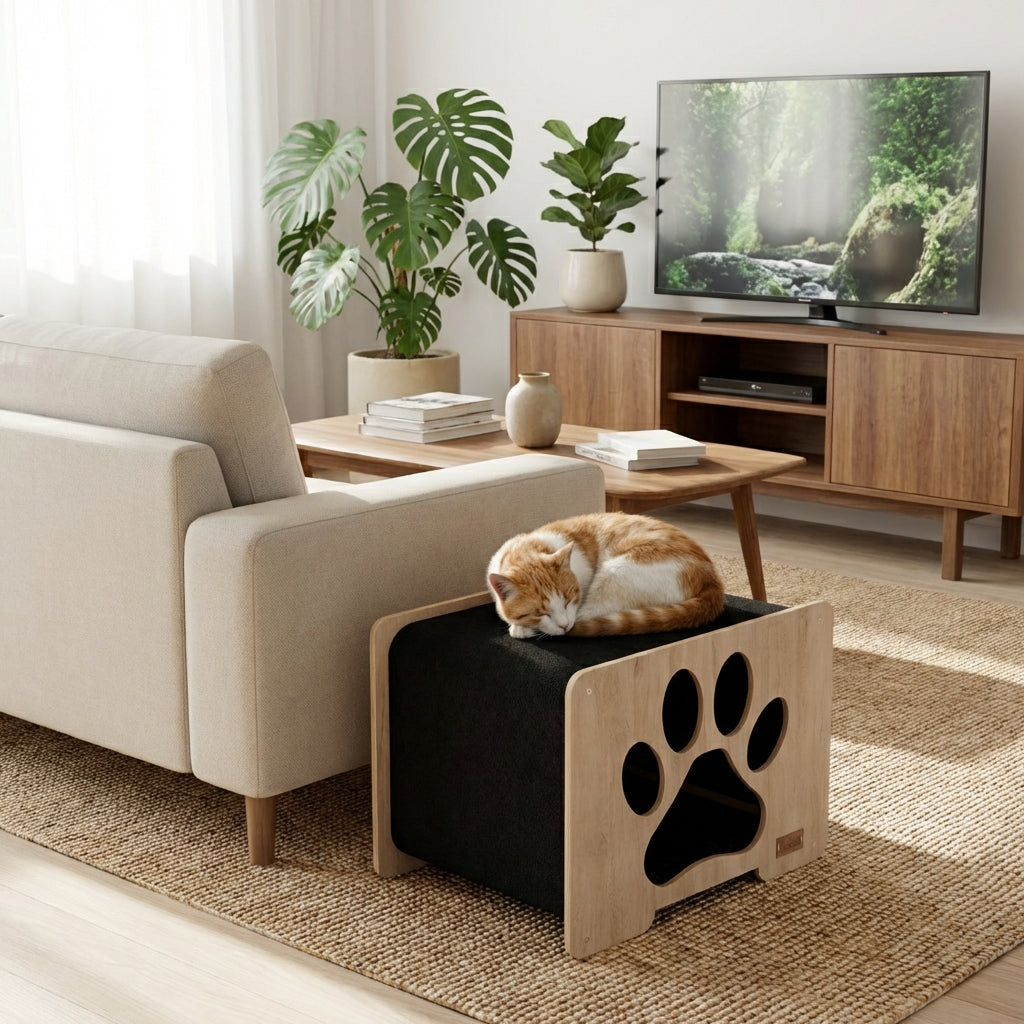 Cat resting on a paw-shaped ottoman in a living room with a TV and plants.