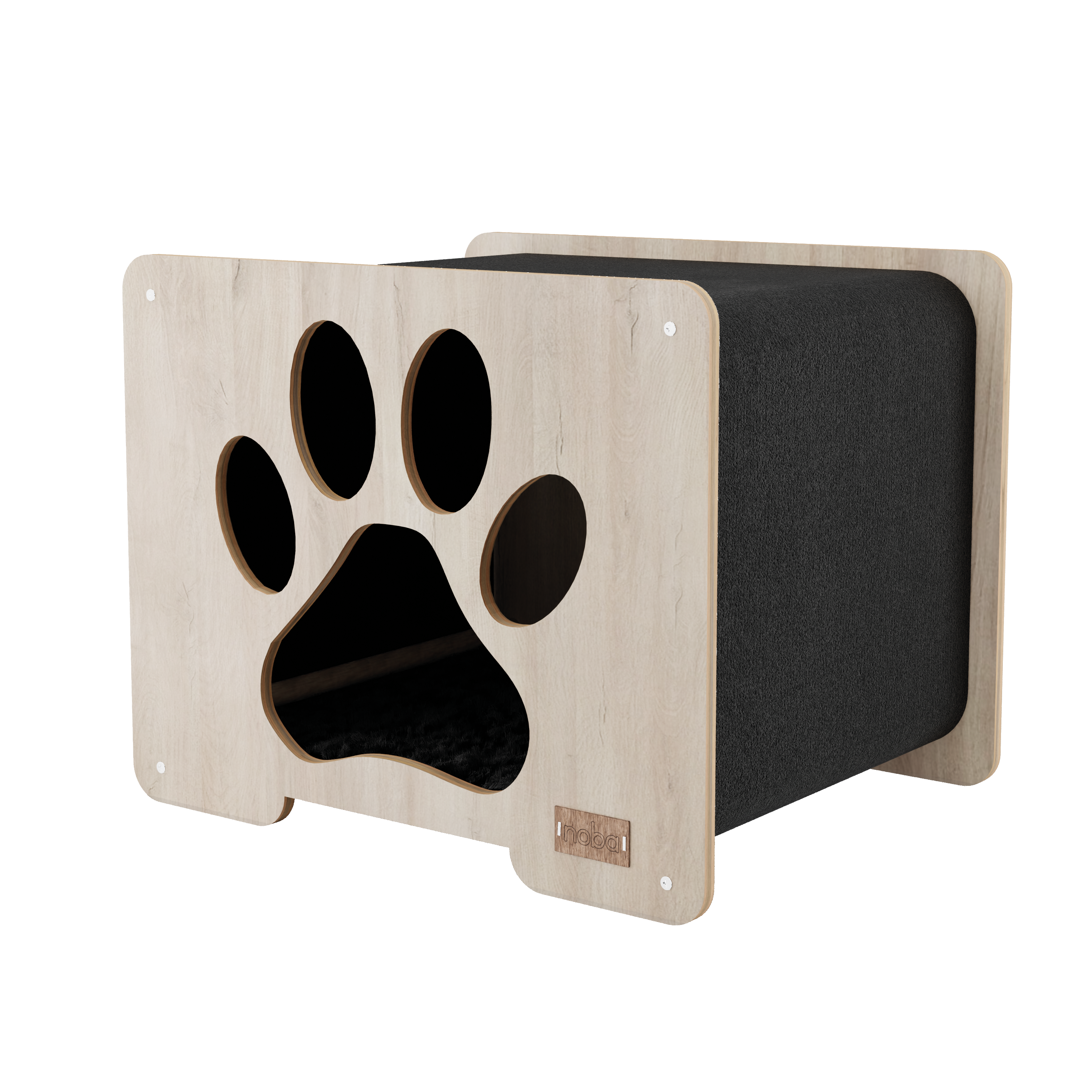 Wooden pet bed with a paw print design on a white background