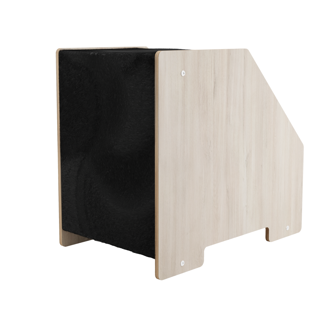 Rear view of modern wooden cat hideaway with black side panel