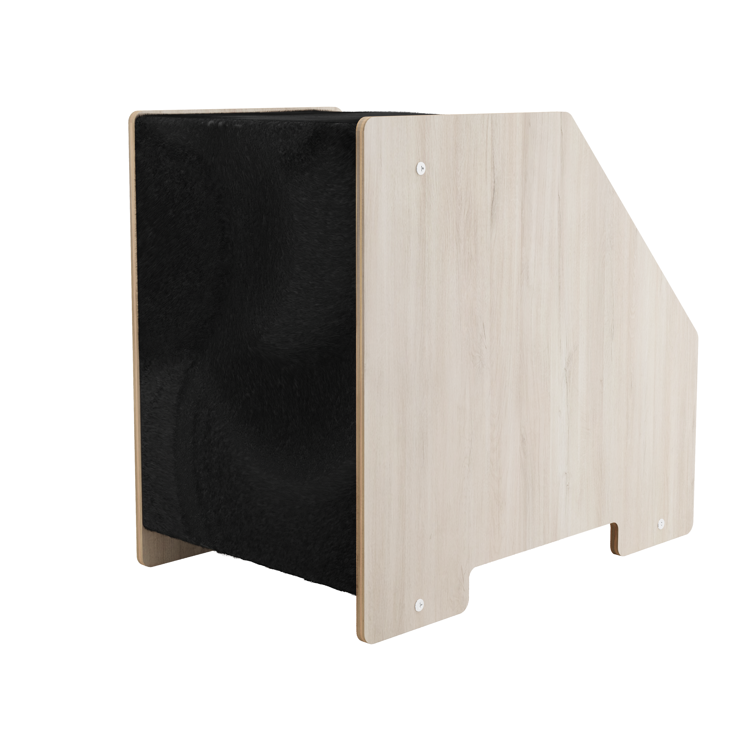 Rear view of modern wooden cat hideaway with black side panel