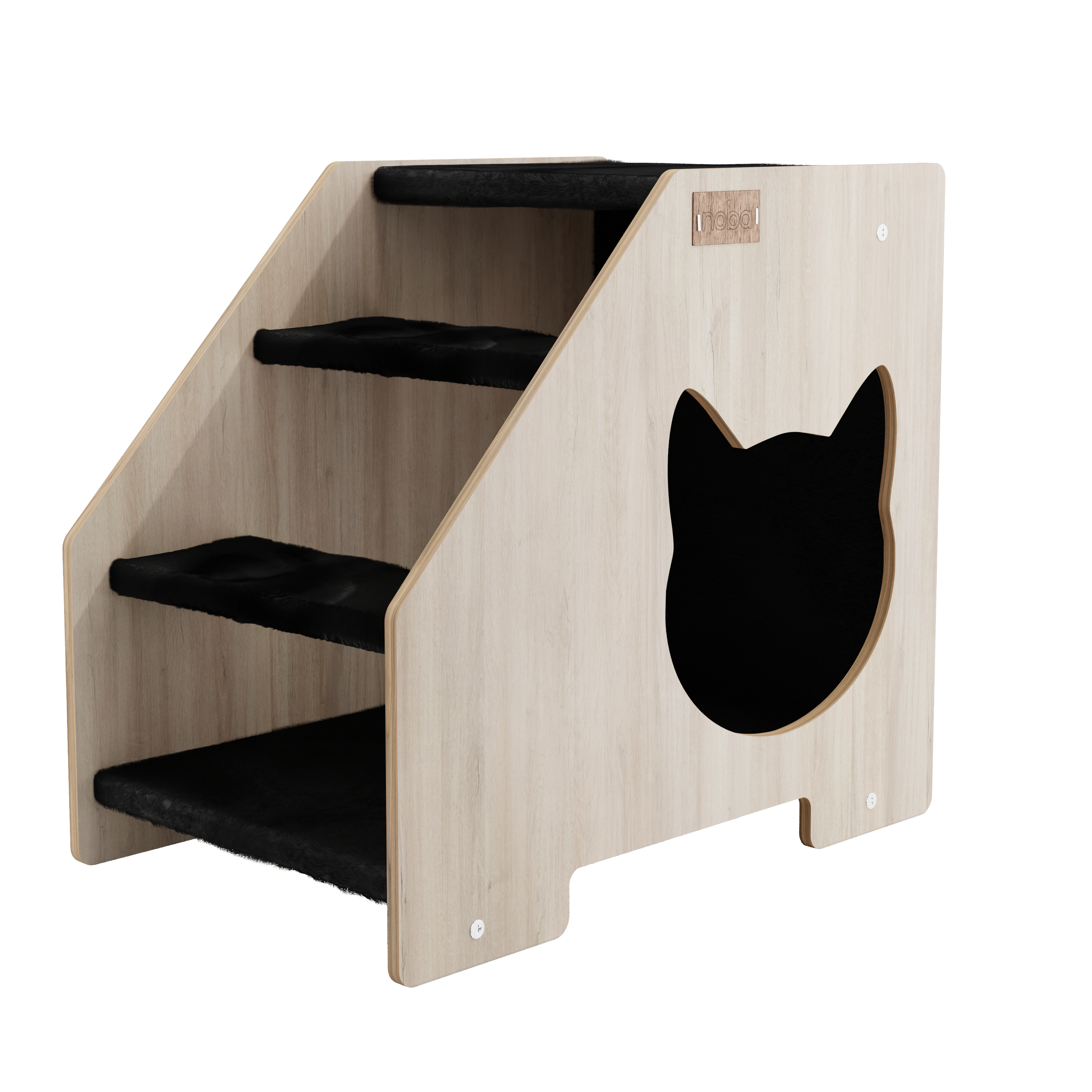 Front view of wooden cat stairs with black cat silhouette entrance