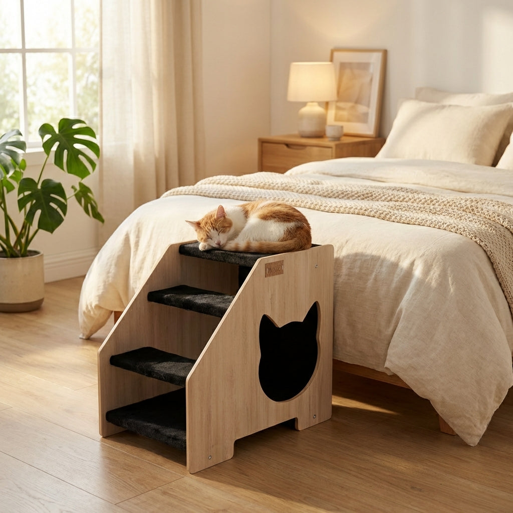 Modern wooden cat stairs with hideaway beside a bed, made in Canada