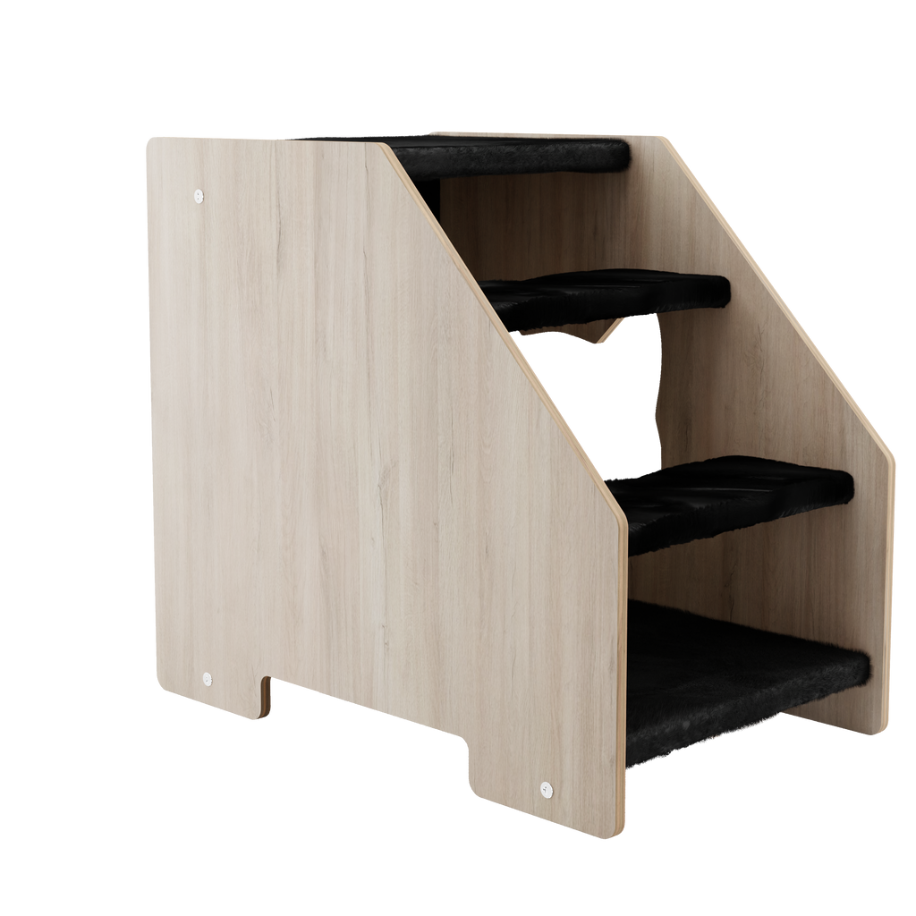 Side view of wooden cat stairs with black steps and natural wood finish