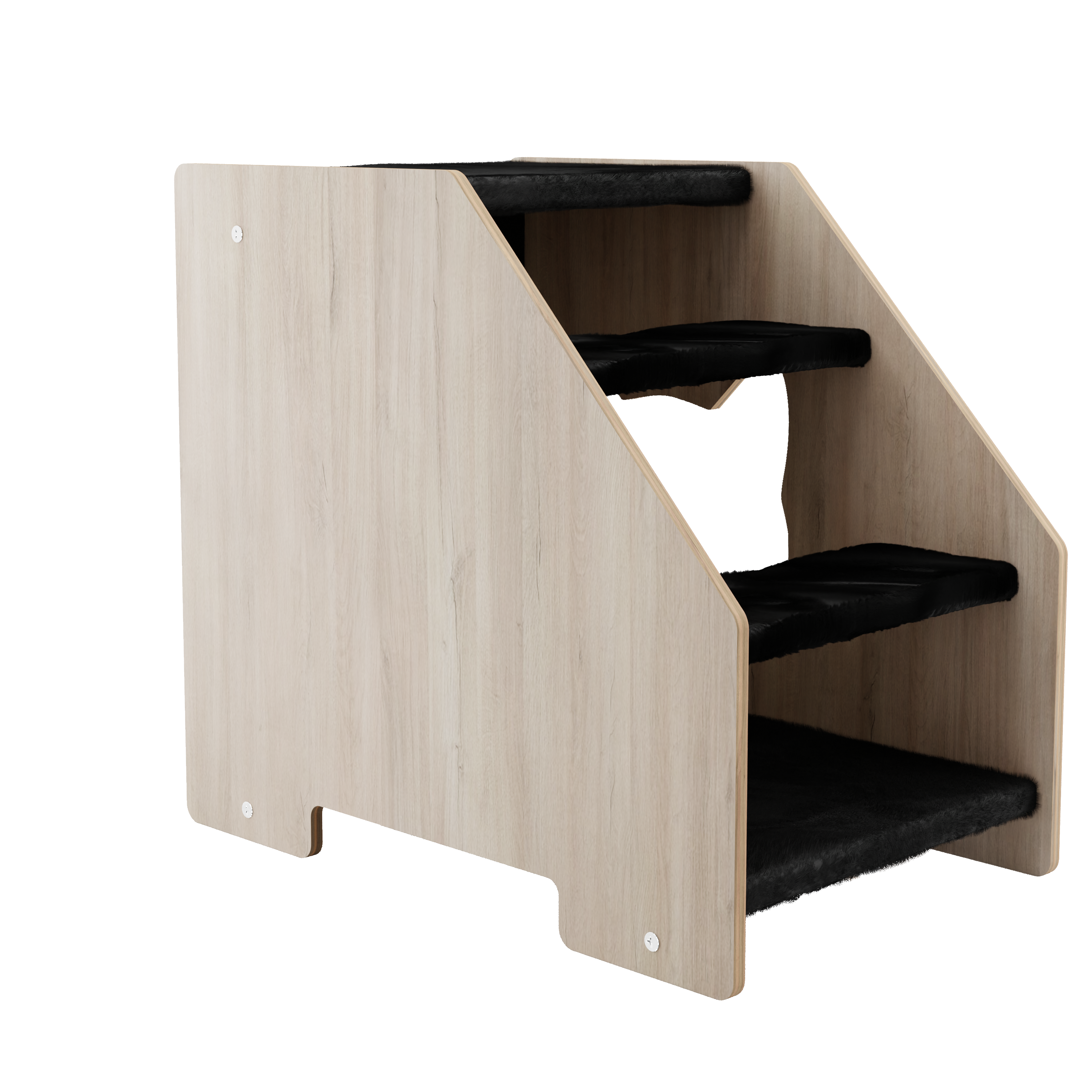 Side view of wooden cat stairs with black steps and natural wood finish