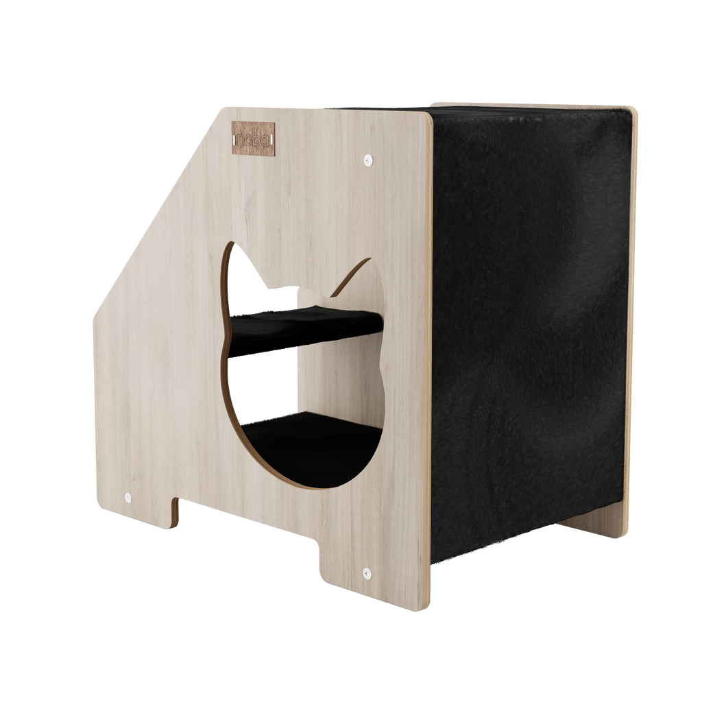 Wooden cat hideaway with round entrance and black side panel