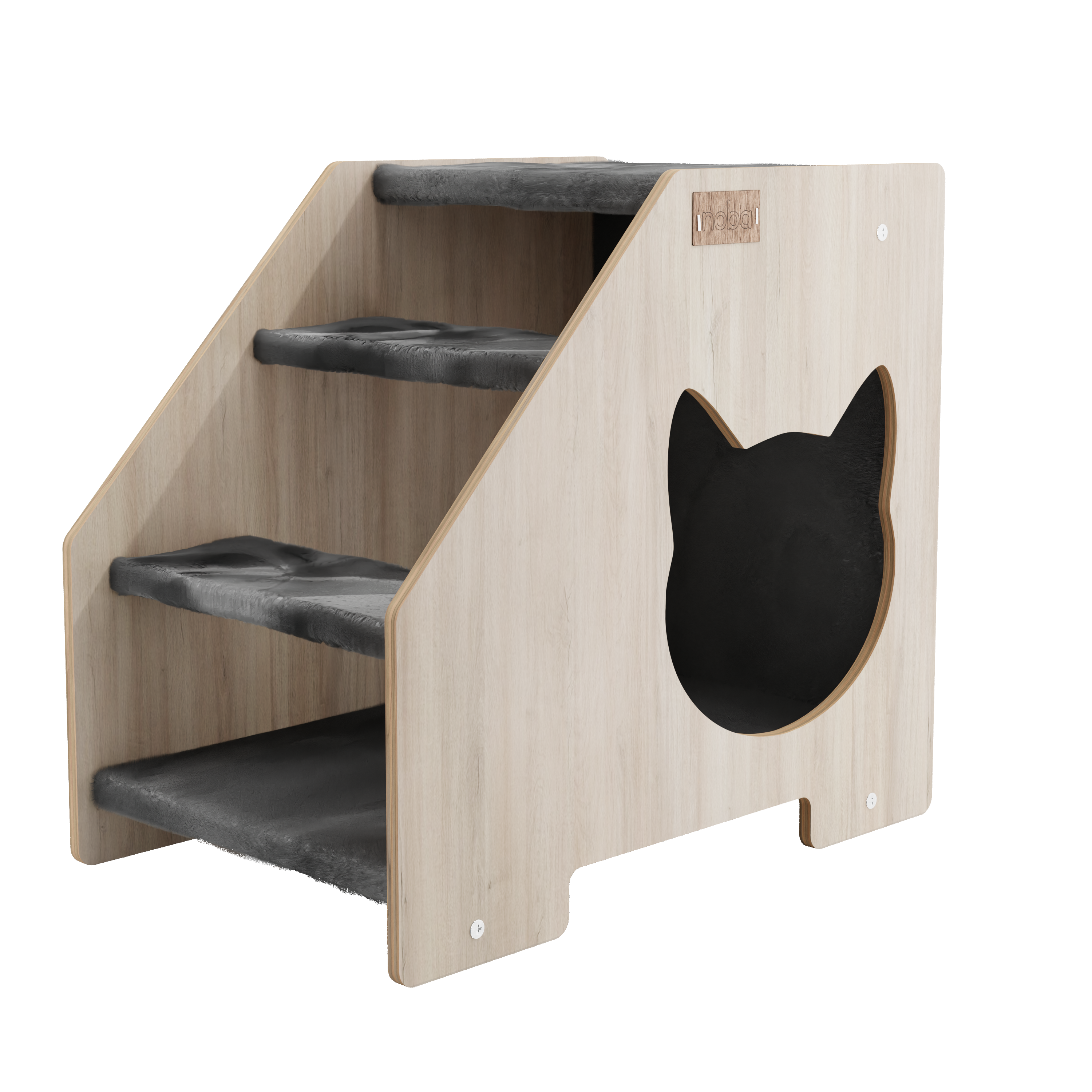 Angled view of wooden cat stairs with black cat silhouette entrance