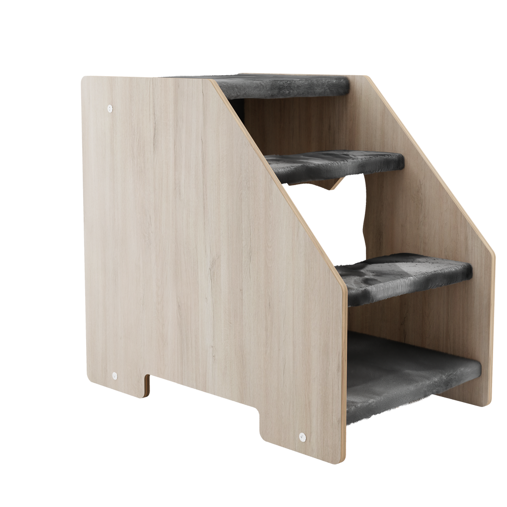Side view of wooden cat stairs with black steps and natural wood finish