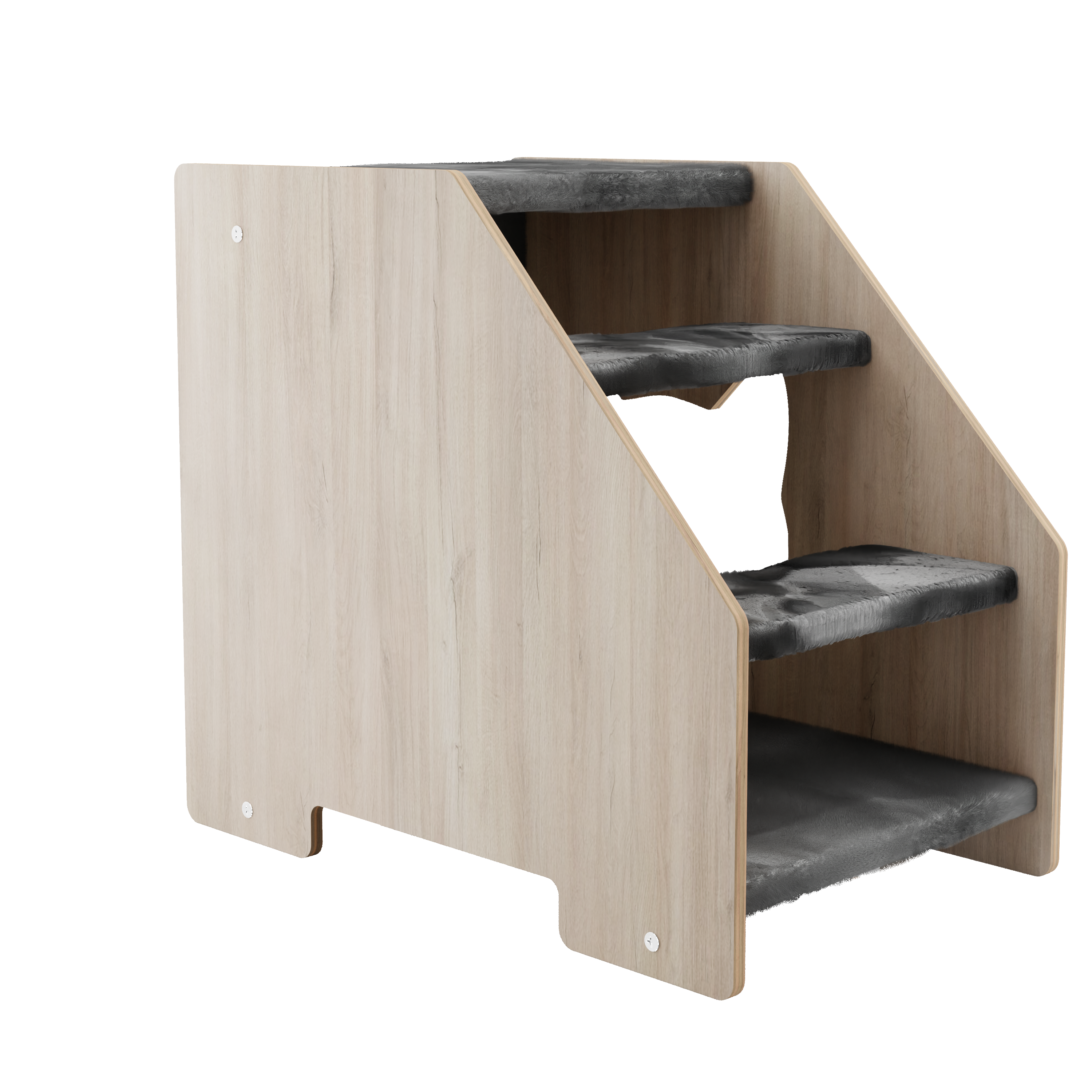 Side view of wooden cat stairs with black steps and natural wood finish