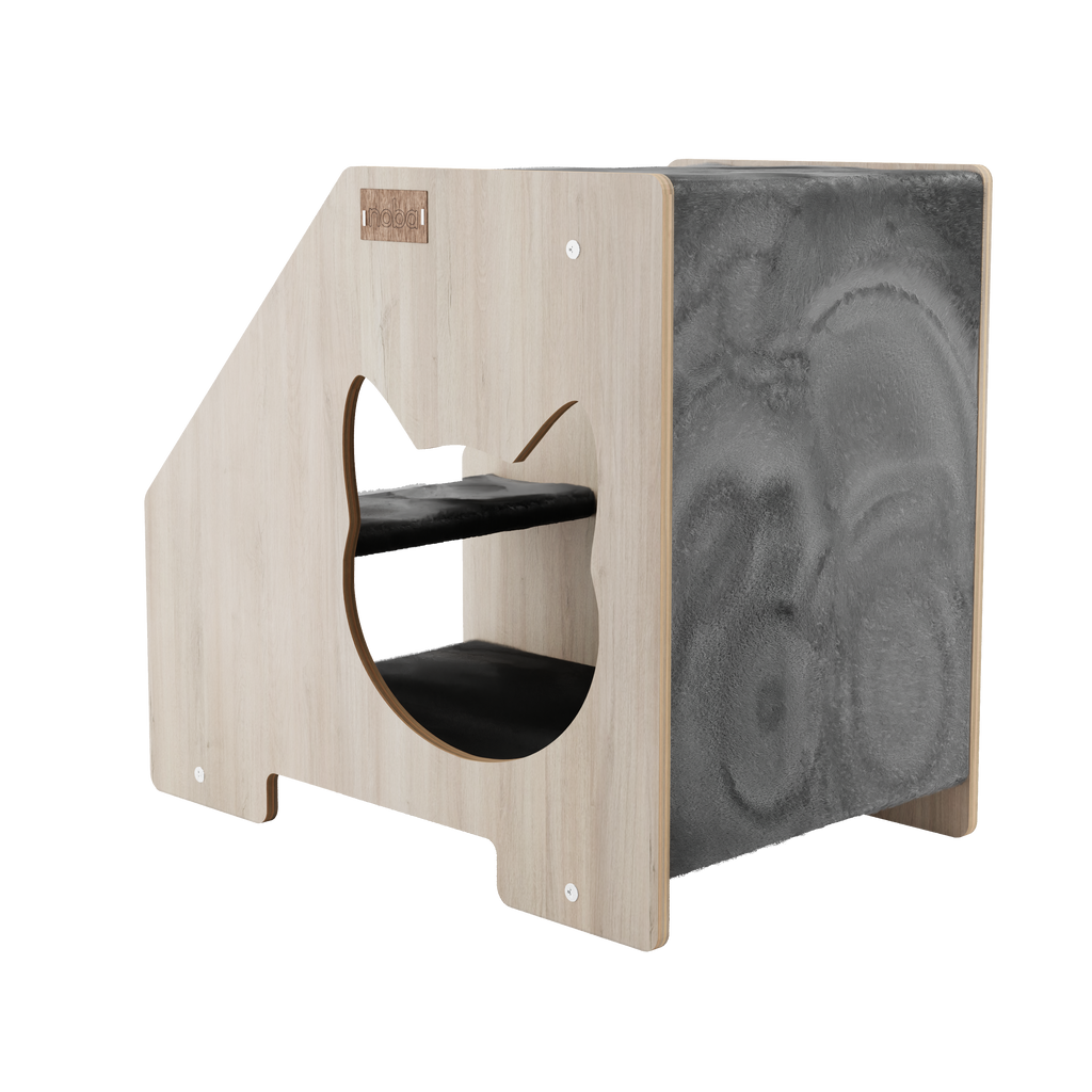 Wooden cat hideaway with round entrance and decorative black wood panel