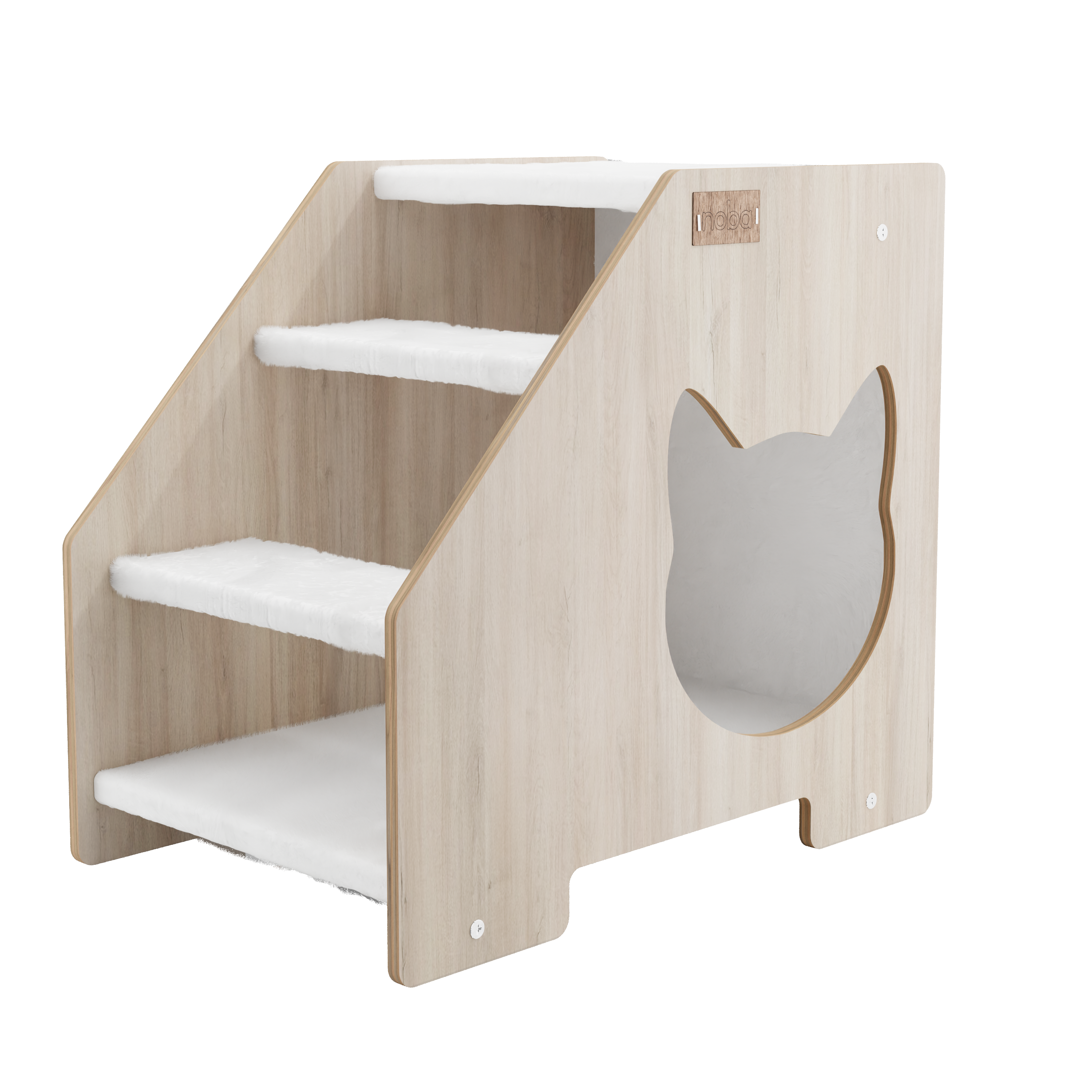 Front angle of wooden cat stairs with white steps and cat silhouette entrance