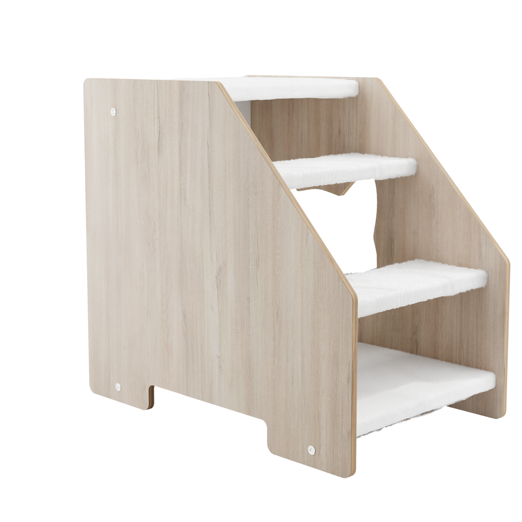 Side view of wooden cat stairs with white steps and natural wood finish