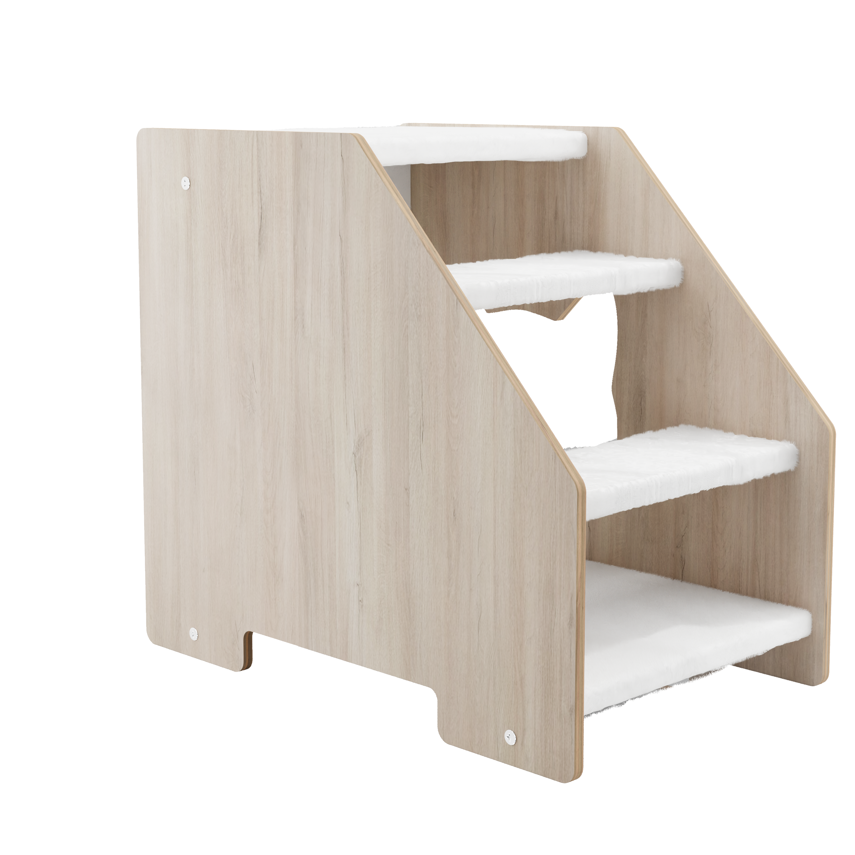 Side view of wooden cat stairs with white steps and natural wood finish
