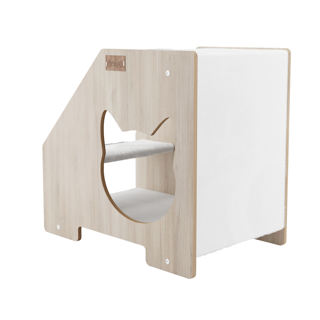 Wooden cat hideaway with round entrance and white interior shelves