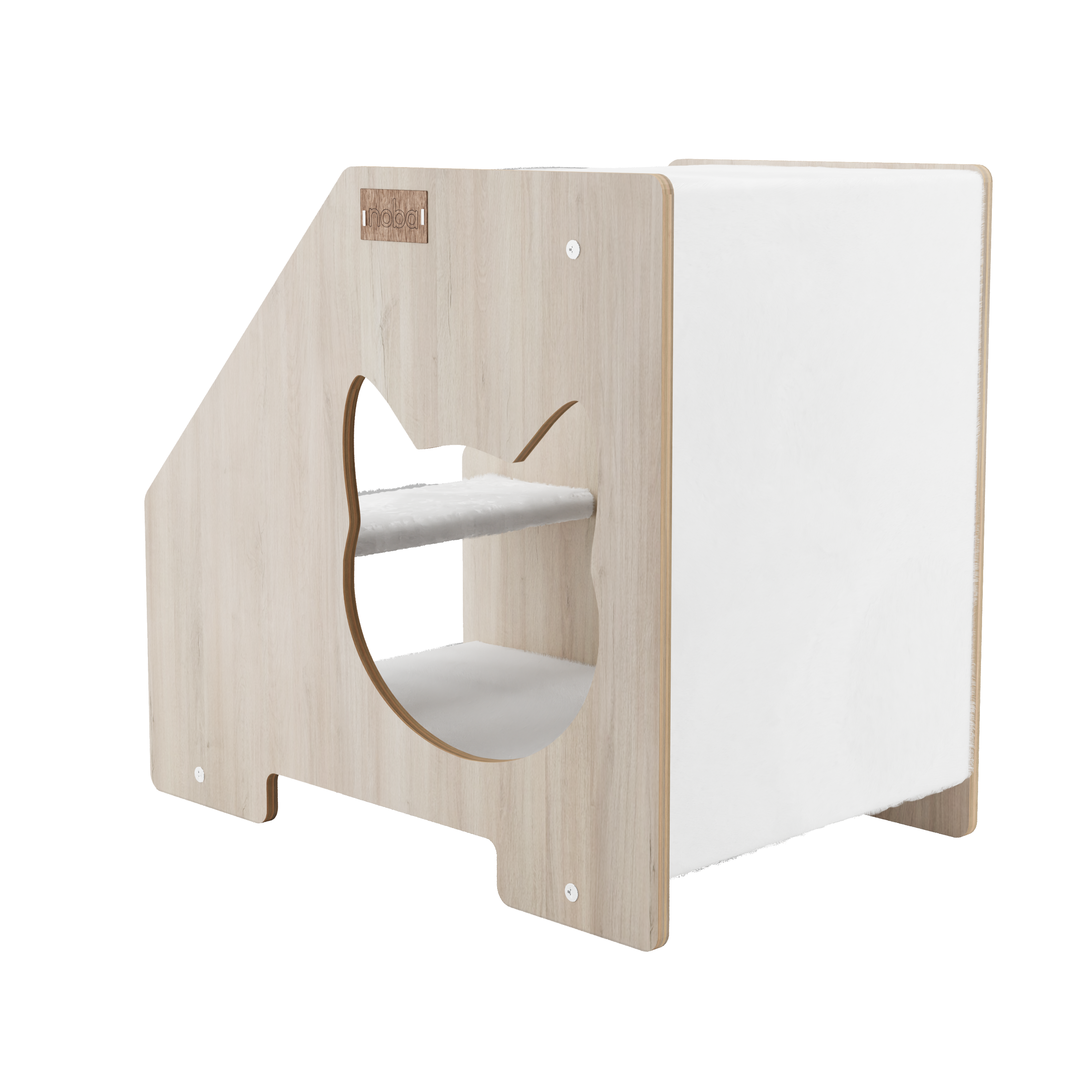 Wooden cat hideaway with round entrance and white interior shelves