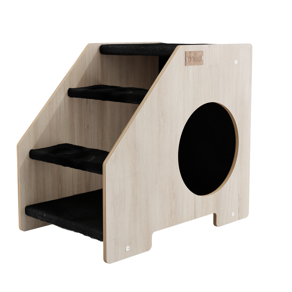 Front view of wooden cat stairs with black steps and round entrance