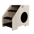 Front view of wooden cat stairs with black steps and round entrance