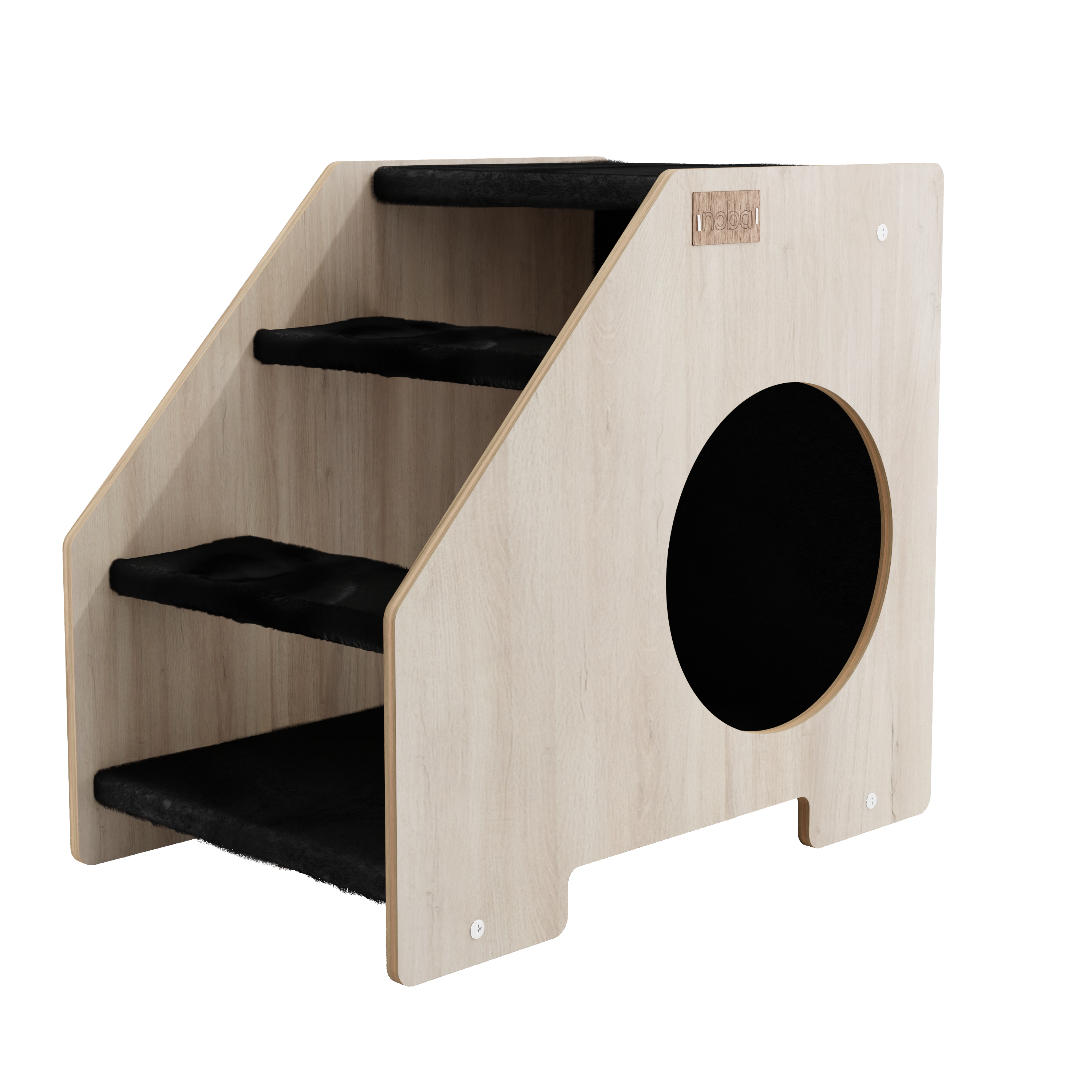 Front view of wooden cat stairs with black steps and round entrance