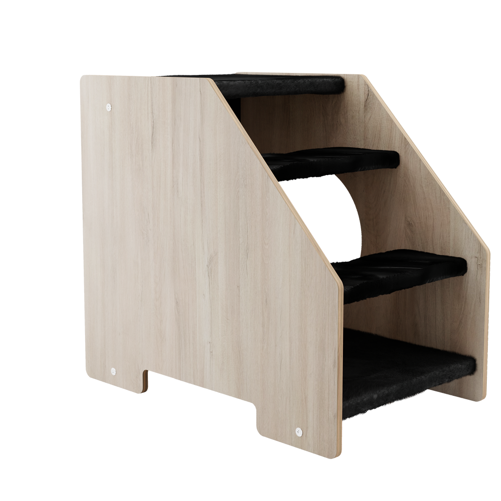 Side view of wooden cat stairs with black steps and natural wood finish